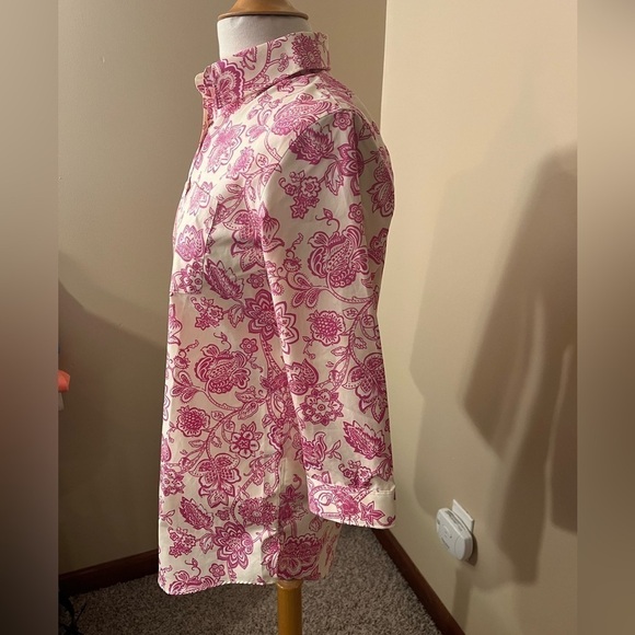 Lands End Floral Pink No Iron Button Down Shirt Sz 2P - Picture 4 of 6
